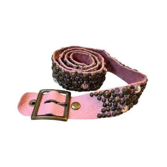 Vintage Pink Studded Leather Belt Rhinestones Gold Studs Glam Y2K Boho M/L - Picture 3 of 9